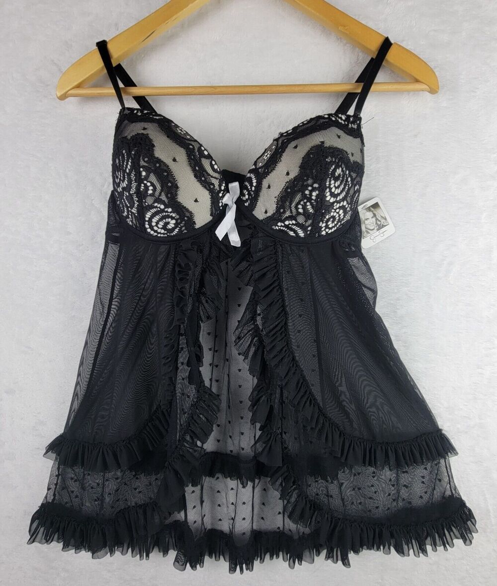 Babydoll Lingerie M Black Ruffle Lace Sheer Teddy Nightie Romantic Whimsigoth